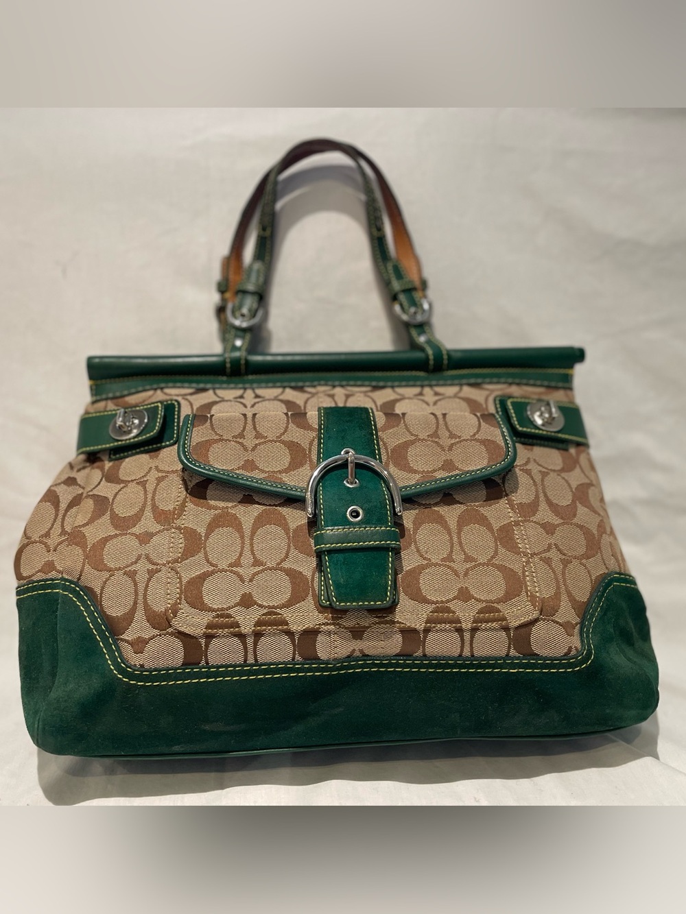Vintage Y2K Coach Signature Canvas Tote with Green Leather and Suede Trim